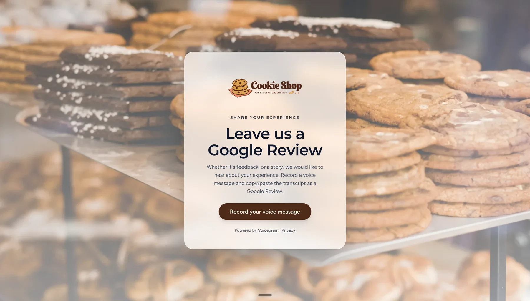 A Cookie Shop campaign page headlined Leave us a Google Review, with a Record your voice message button. (example)
