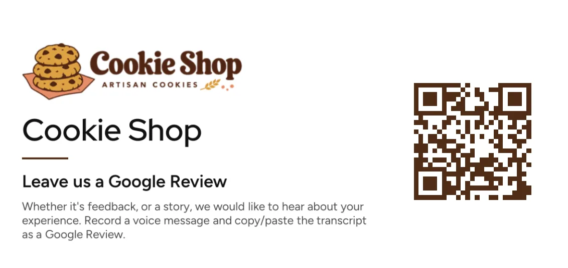 A Cookie Shop social tile with the shop logo, Leave us a Google Review, and a QR code. (example)